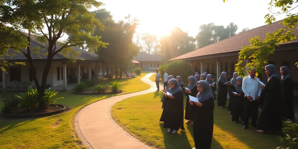 Santri belajar di ponpes dengan pemandangan hijau.